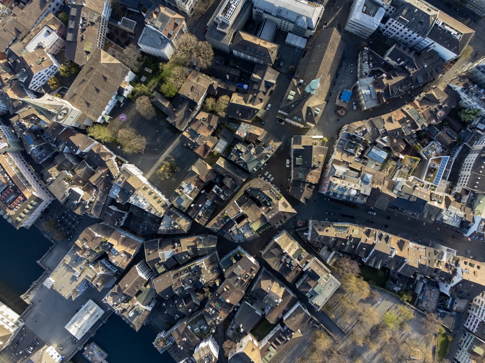 an aerial view of a city with lots of buildings