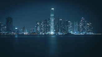 a city skyline at night with a body of water in the foreground