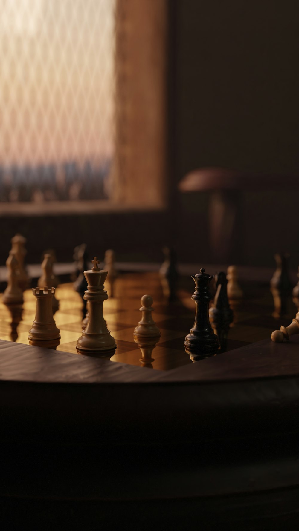 a group of chess pieces sitting on top of a wooden table