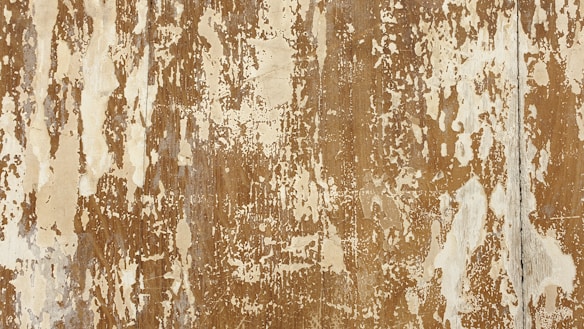 Peeling paint on an old, weathered wooden surface with a rough, textured appearance. Wooden boards are visible underneath patches of flaking off-white paint.