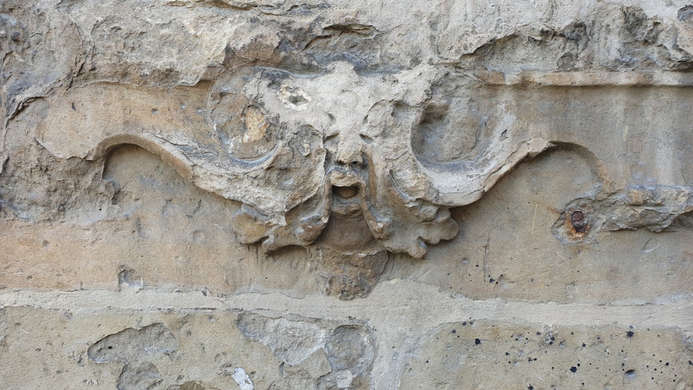 a close up of a stone wall with carvings on it