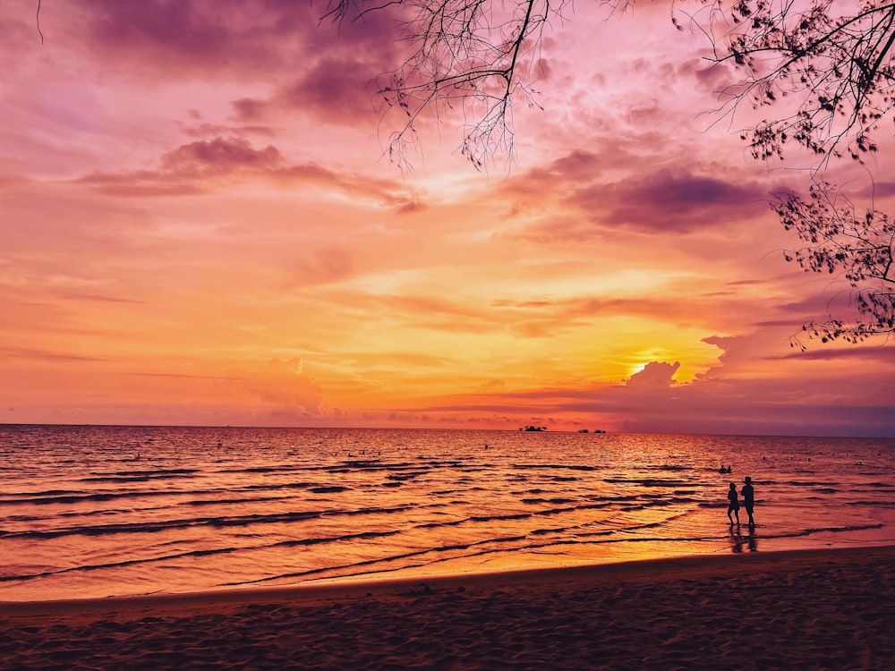 a couple of people standing on top of a sandy beach