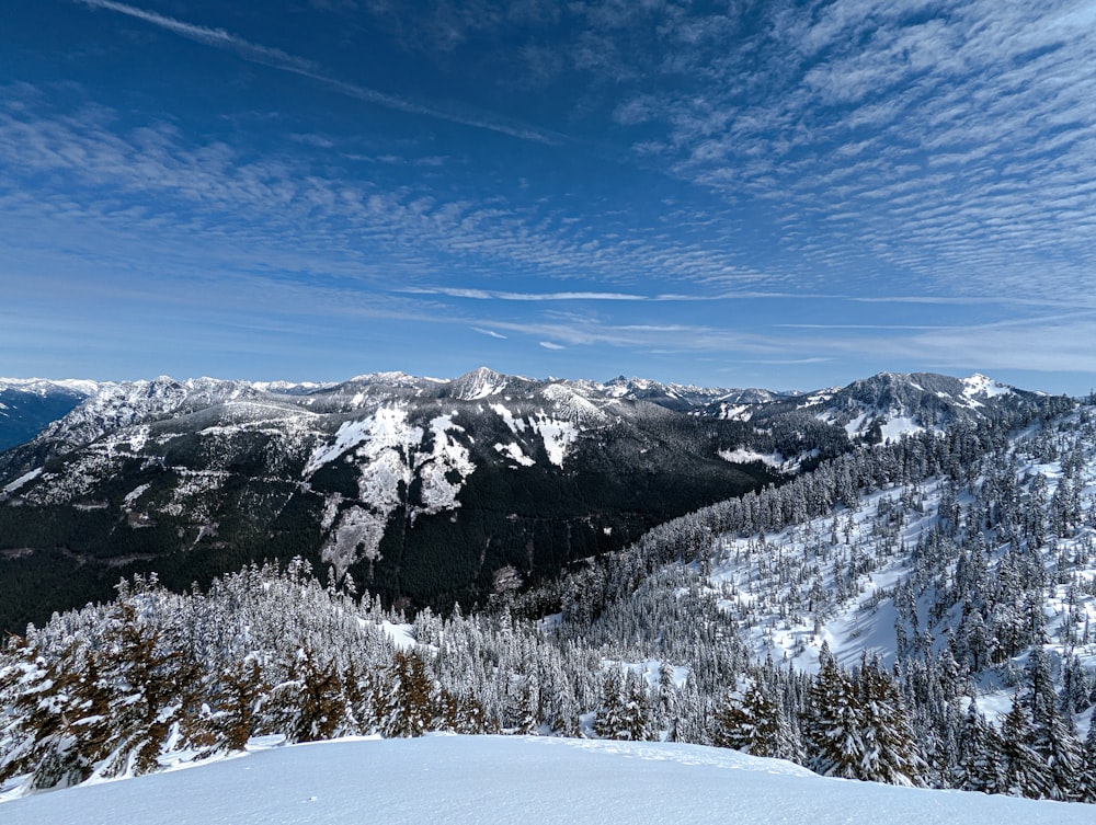 a view of a snowy mountain with trees and mountains in the background