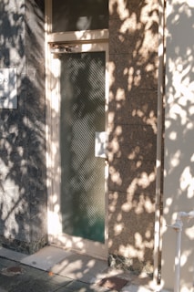 A glass door with a textured pattern is set within a stone or marble-walled exterior. Shadows of tree leaves are cast on the wall and door, creating a natural and textured interplay of light. The scene is tranquil, featuring a combination of man-made and natural elements.