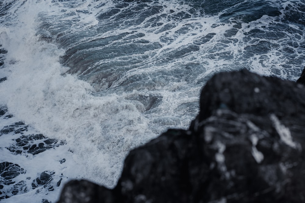 a large body of water next to a rocky shore