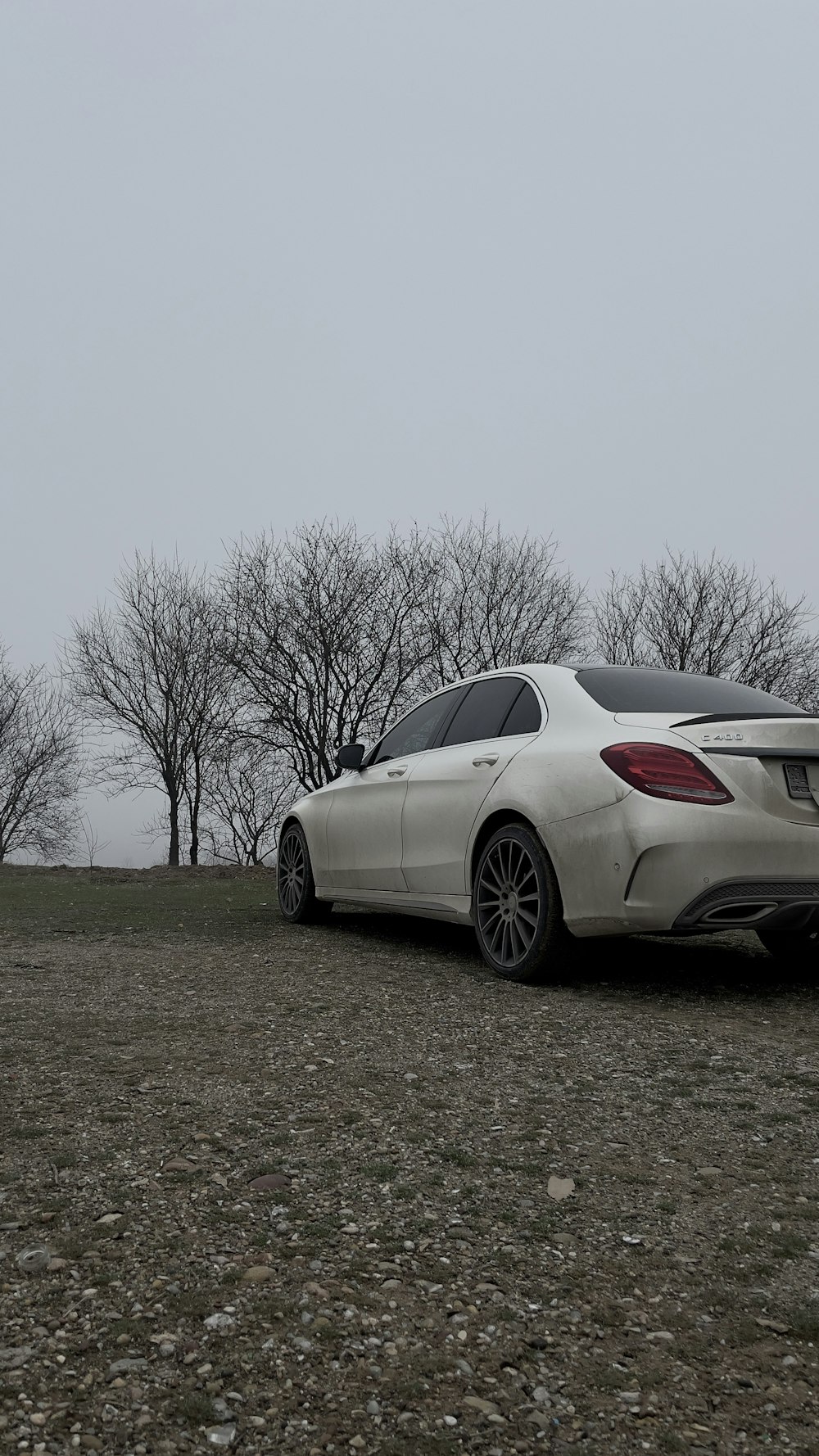 a white car parked in a field with trees in the background