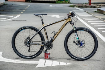 A high-end mountain bike is resting on its tires with the support of a can beneath the pedal. The bike is positioned on an empty road with marked lines visible on the asphalt. It features thick, knobby tires suitable for off-road terrain, a sleek black and gold frame, and a detailed gear system.