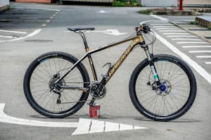 A high-end mountain bike is resting on its tires with the support of a can beneath the pedal. The bike is positioned on an empty road with marked lines visible on the asphalt. It features thick, knobby tires suitable for off-road terrain, a sleek black and gold frame, and a detailed gear system.