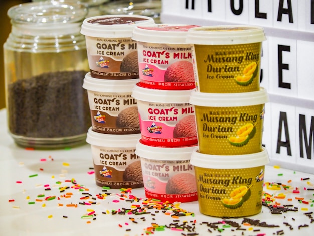 Display of ice cream tubs with price tags in an online store layout