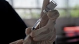 A gloved hand holds a syringe drawing liquid from a vial, likely involving a medical or vaccination procedure. The background is blurred, putting emphasis on the careful and precise action being undertaken.