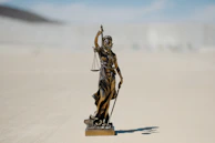 Elegant statue of Lady Justice holding scales, set against a deep wood-paneled background.