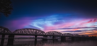 A sweeping aerial view of a steel railway bridge stretching over a winding river at sunset.