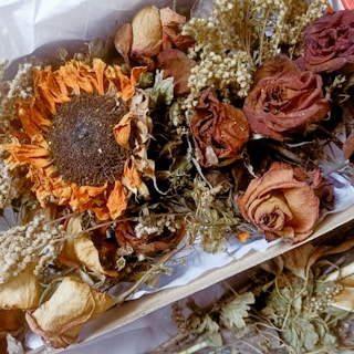 A collection of dried flowers includes a prominent sunflower with curled orange petals and a dark center, surrounded by withered red roses and brownish leaves. The flowers appear fragile and brittle, with some small, delicate white flowers interspersed.