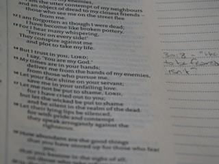 The image features a close-up view of a page from a book with printed text and handwritten notes in the margins. The printed content appears to be poetic or biblical in style, with numbered verses. On the right, there is a handwritten note in pencil, possibly reflecting on the text.