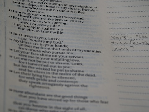 The image features a close-up view of a page from a book with printed text and handwritten notes in the margins. The printed content appears to be poetic or biblical in style, with numbered verses. On the right, there is a handwritten note in pencil, possibly reflecting on the text.