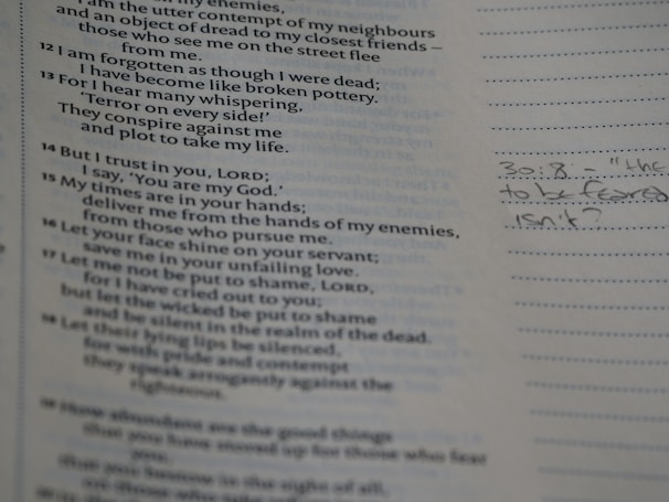 The image features a close-up view of a page from a book with printed text and handwritten notes in the margins. The printed content appears to be poetic or biblical in style, with numbered verses. On the right, there is a handwritten note in pencil, possibly reflecting on the text.