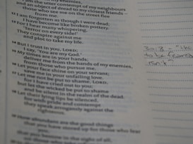 The image features a close-up view of a page from a book with printed text and handwritten notes in the margins. The printed content appears to be poetic or biblical in style, with numbered verses. On the right, there is a handwritten note in pencil, possibly reflecting on the text.