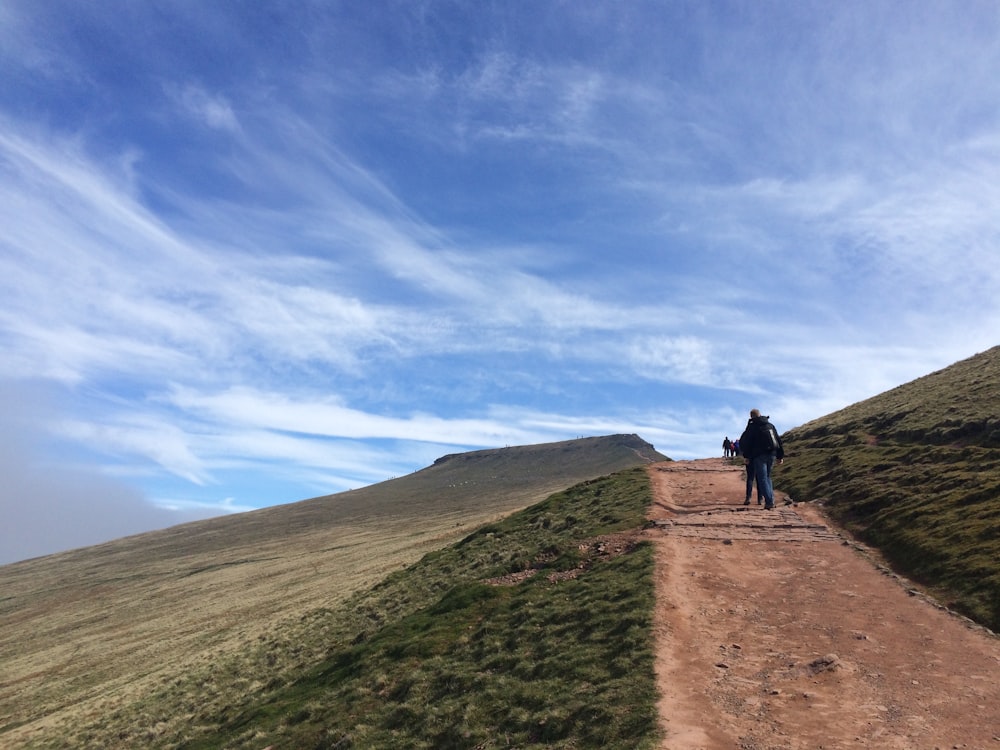 a person standing on a dirt road in the middle of a field