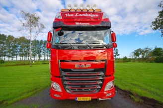 A vibrant red truck is parked on a lush green field with trees in the background under a partly cloudy sky. The truck is prominently positioned, with its brand name visible on the front. The setting suggests a rural or countryside environment.