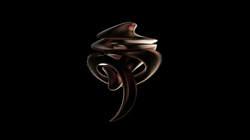 Abstract 3D digital sculpture with layered depth shadows and radiant gold highlights on a dark gradient backdrop.