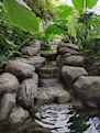 a small pond surrounded by rocks and plants