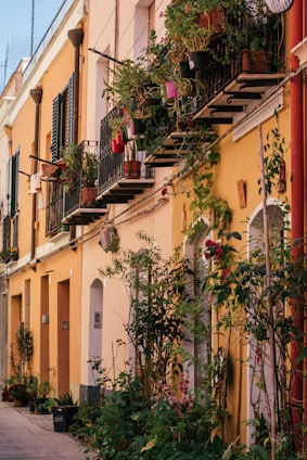a row of buildings with plants growing on the balconies