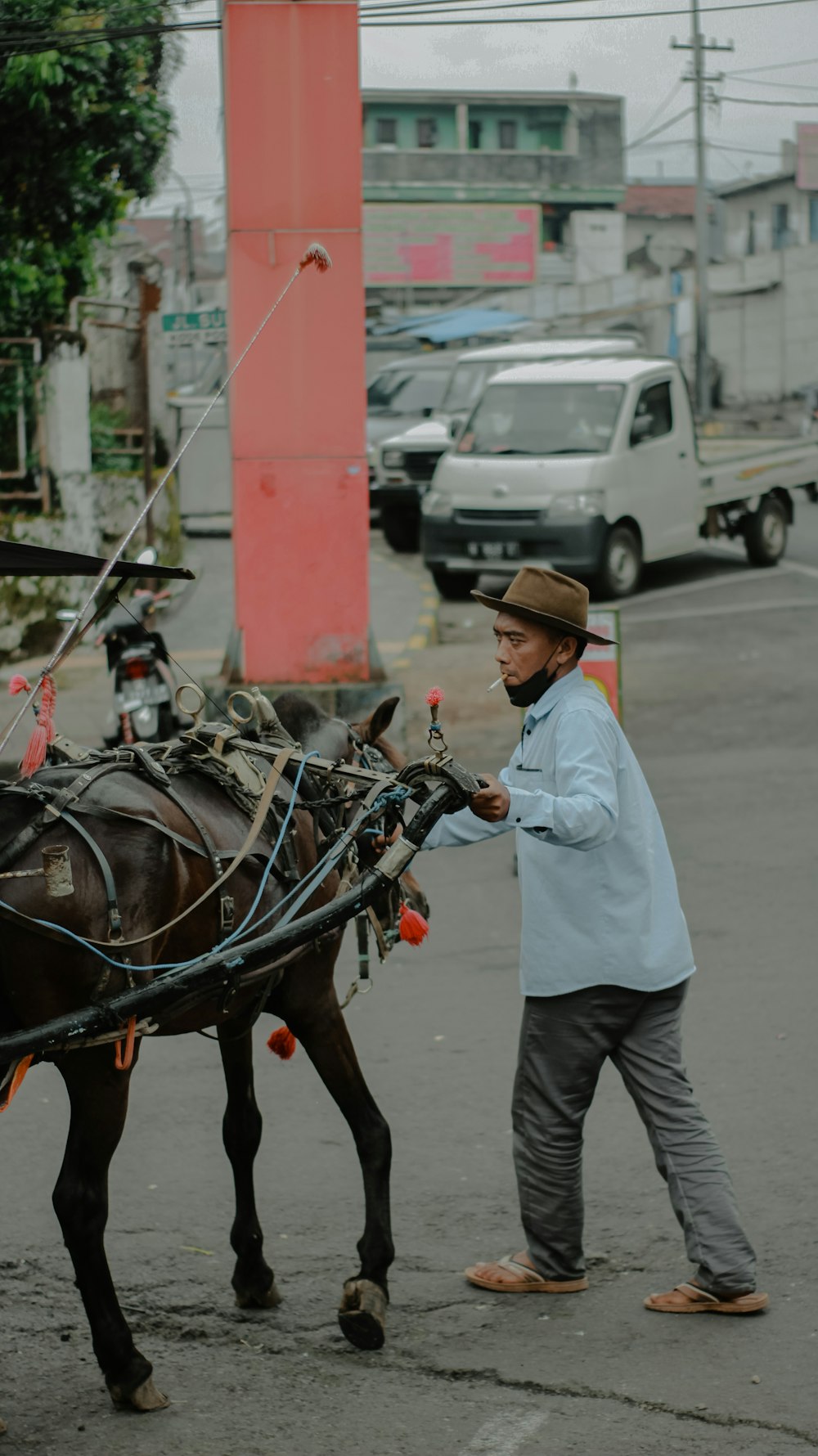 a man leading a horse drawn carriage down a street