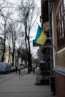 A street view with bare trees lining the sidewalk. A Ukrainian flag is prominently displayed on a building to the right. Several pedestrians walk along the paved sidewalk, and cars are parked on the side of the road. The buildings are a mix of old architectural styles.
