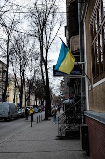 A street view with bare trees lining the sidewalk. A Ukrainian flag is prominently displayed on a building to the right. Several pedestrians walk along the paved sidewalk, and cars are parked on the side of the road. The buildings are a mix of old architectural styles.