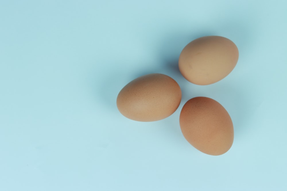 three brown eggs on a blue background