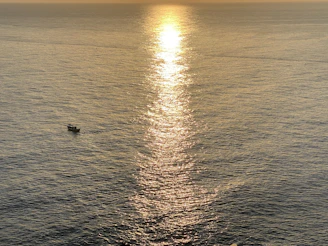 Wide-angle view of a boat cutting through golden hour waters under an open horizon sky.