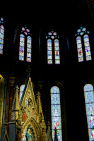 Close-up of the intricate gothic architecture and stained glass windows of the Santuario de las Lajas.