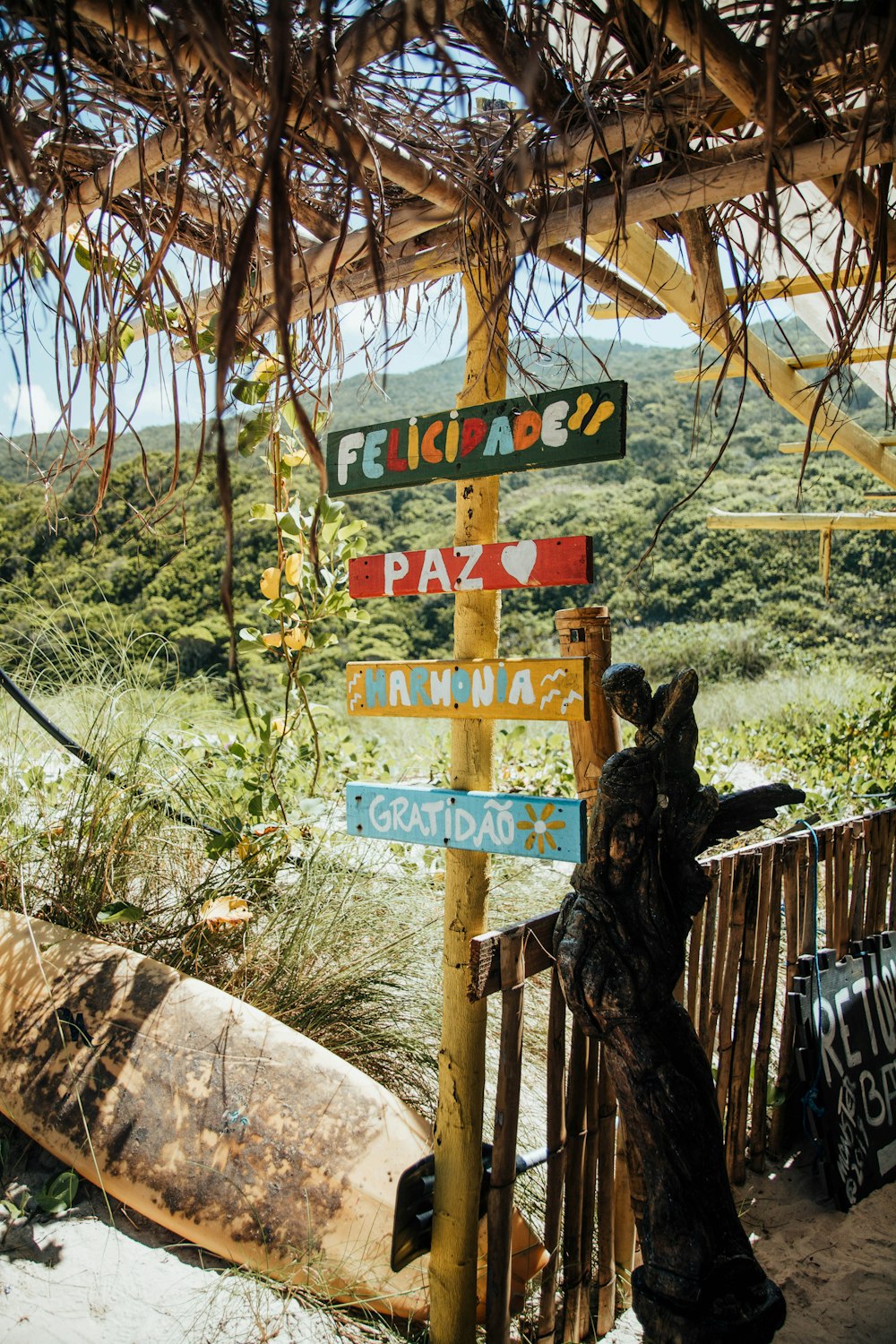 a wooden pole with a bunch of signs on it