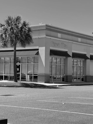 A monochrome photograph of a commercial building with large windows and awnings. In the foreground, there is a solitary palm tree, and the parking area appears empty.