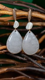 Delicate clay earrings inspired by nature, hanging from a rustic wooden branch.
