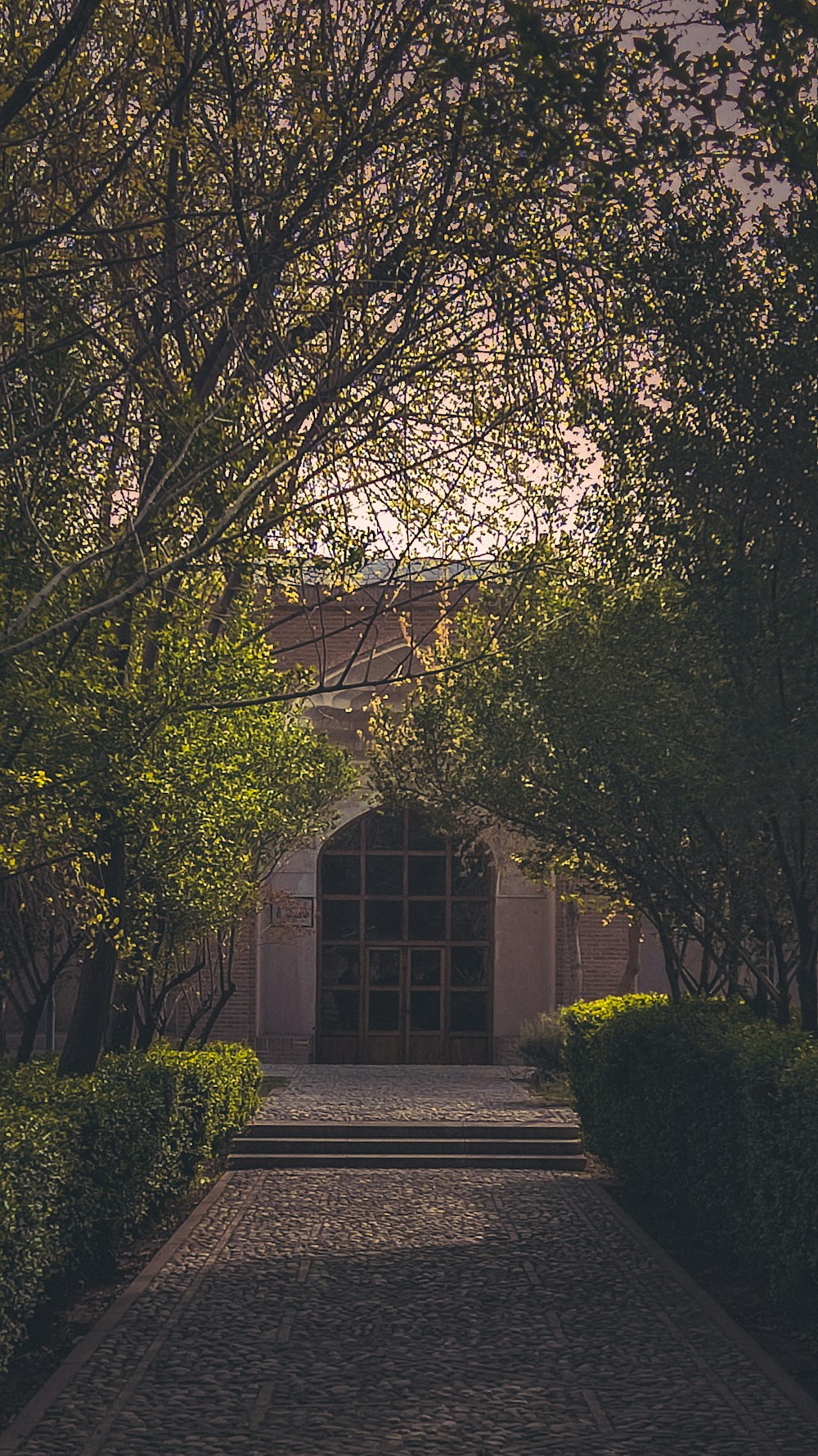 a walkway with trees and a building in the background