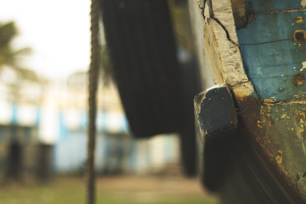 a close up of a tire on a boat