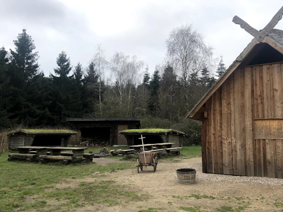 Outdoor meeting space with wooden benches and a fire pit, perfect for workshops and retreats.