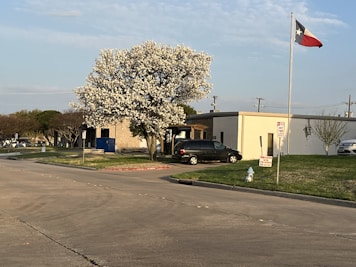 a car is parked in front of a building