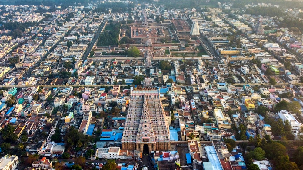 an aerial view of a city with lots of buildings