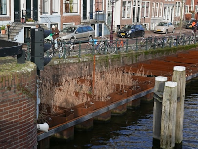 a bike is parked on the side of a bridge