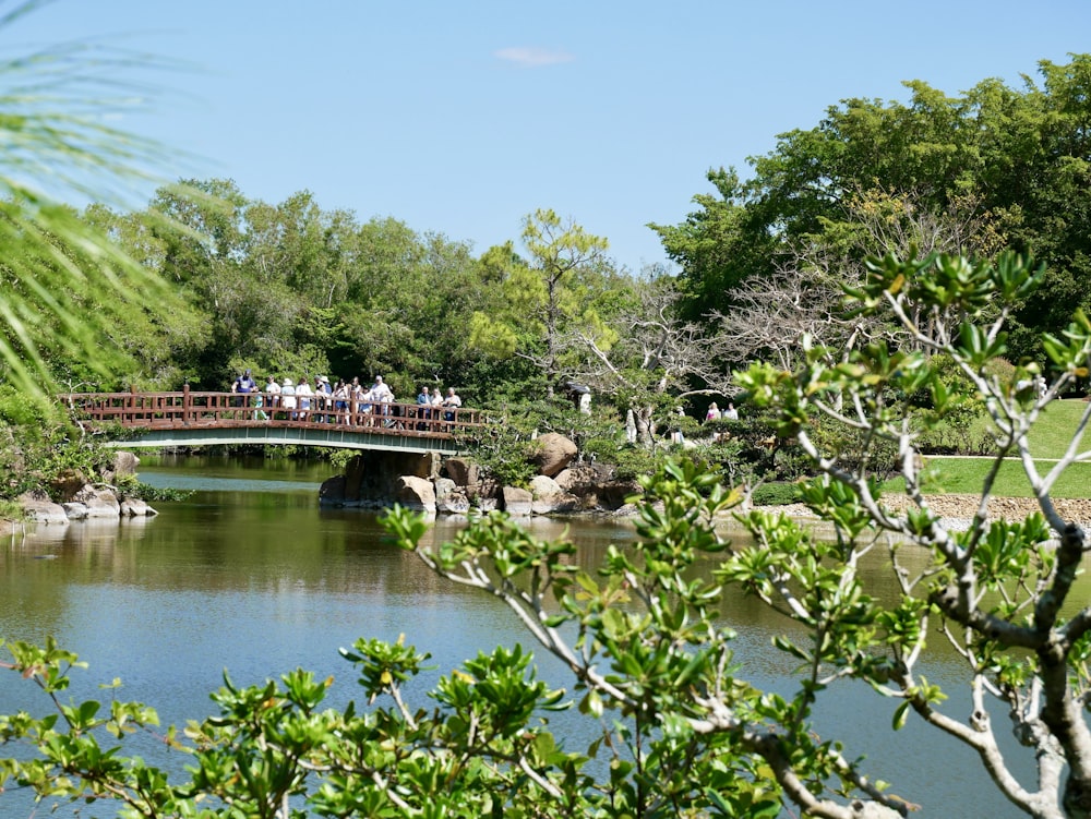 a group of people walking across a bridge over a river