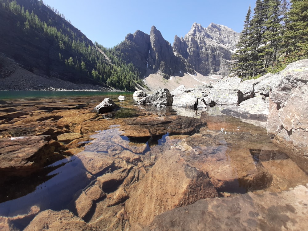 a mountain lake surrounded by rocks and trees