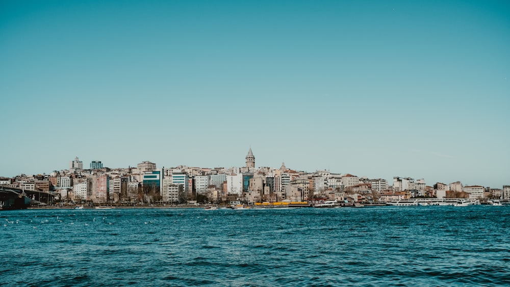 a large body of water with a city in the background