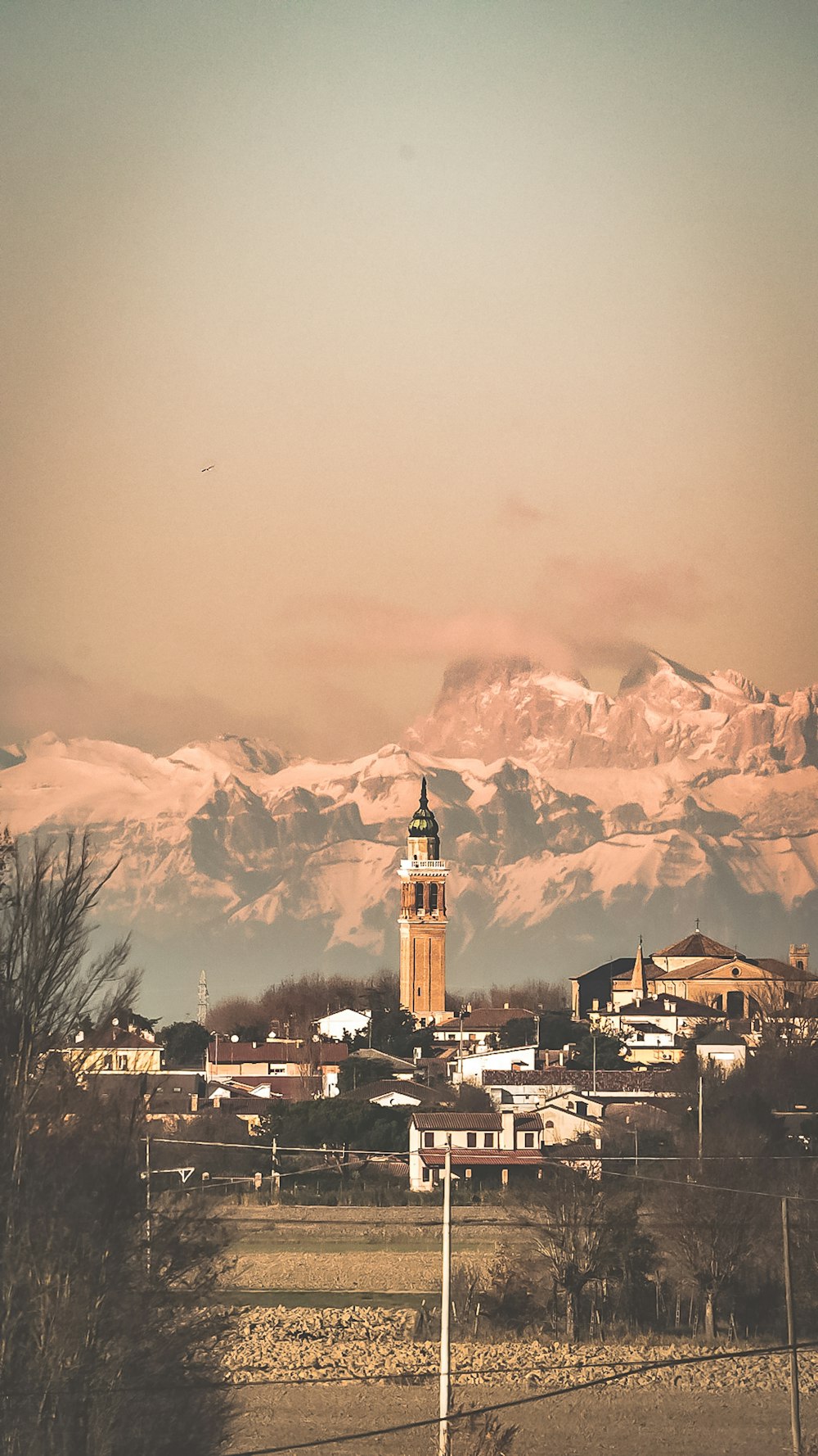 a view of a city with a mountain in the background