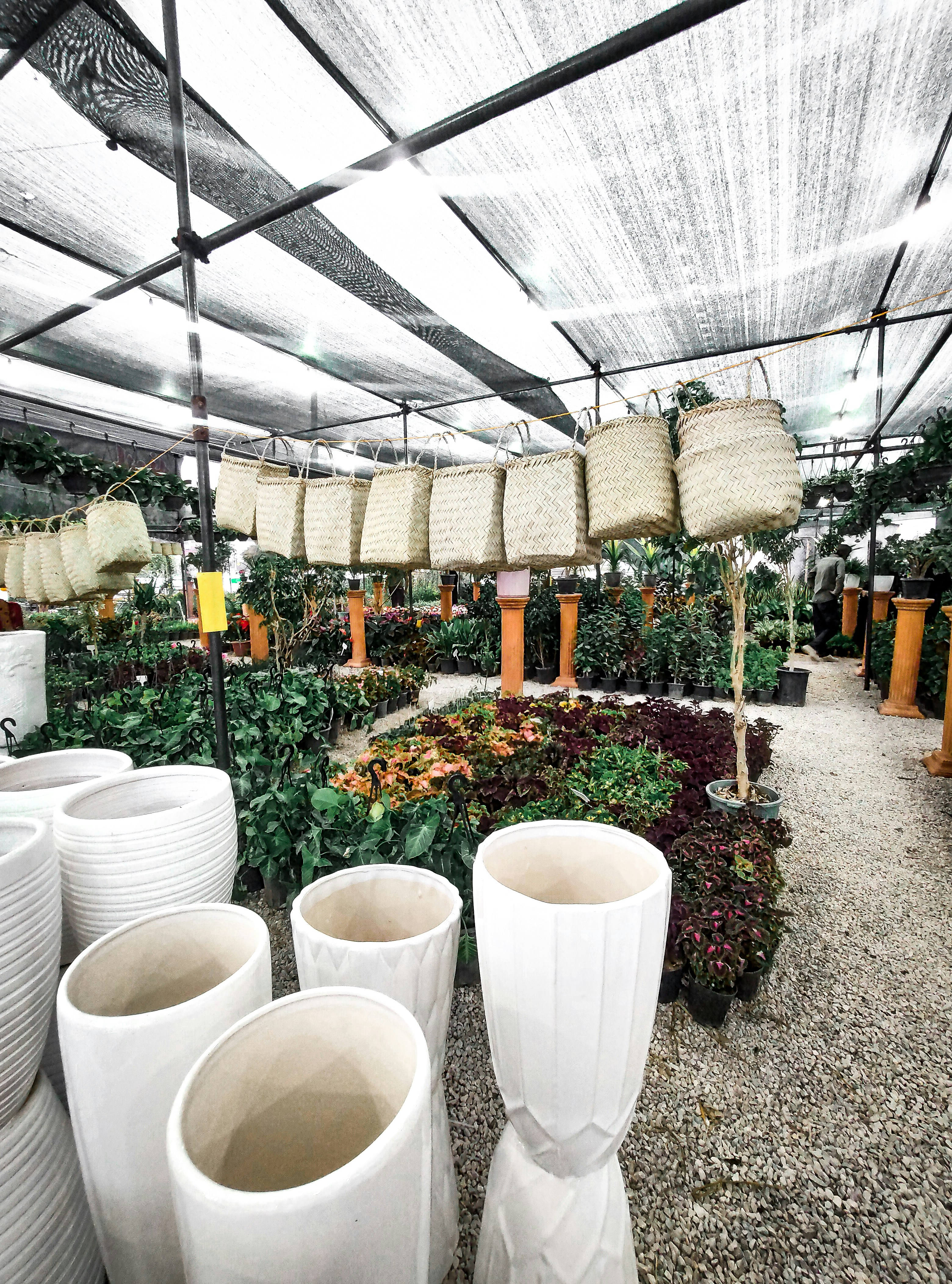 a bunch of white vases sitting under a canopy