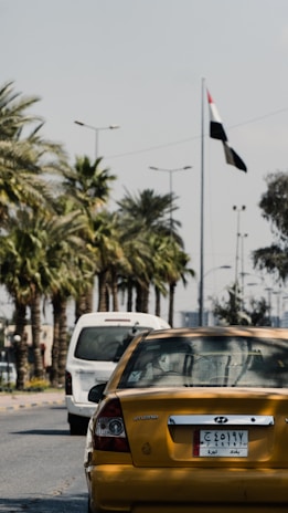 A yellow Hyundai sedan with a license plate is stationary on a palm-lined street. The background features another white vehicle and a national flag waving on a tall pole. Streetlights line the road under a partly cloudy sky.
