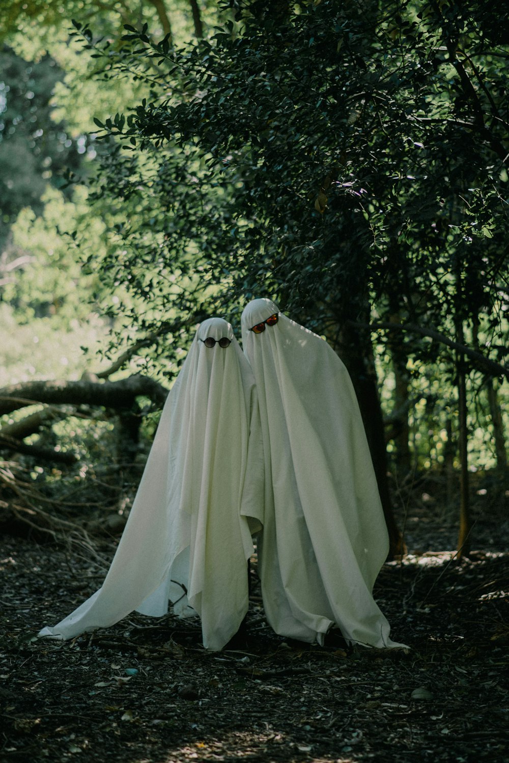 two ghostly people standing in the woods