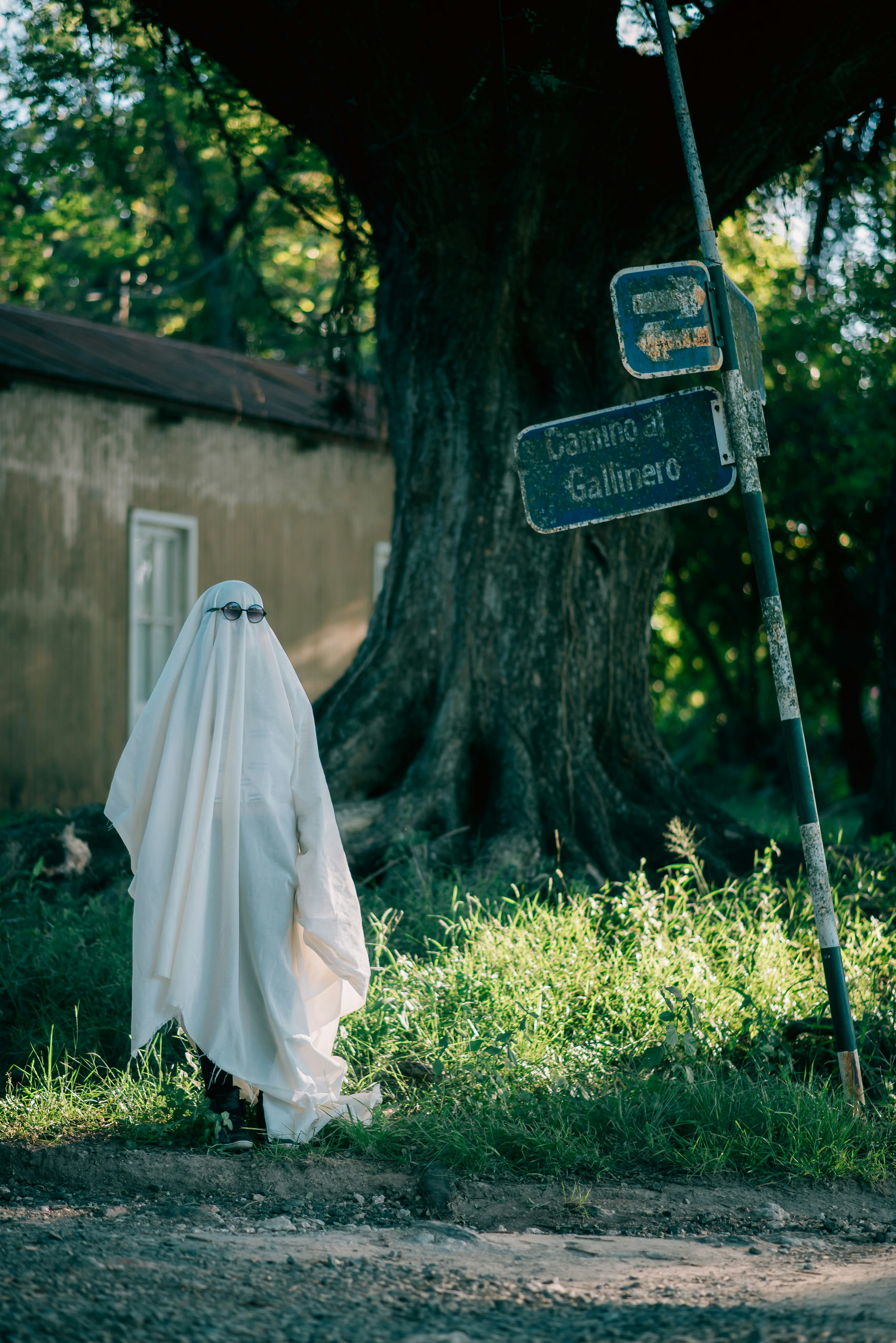 a person dressed in a ghost costume standing next to a street sign