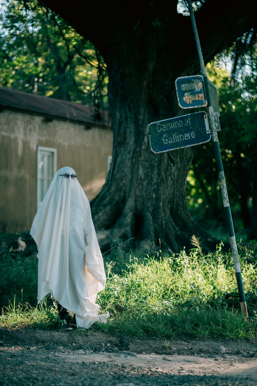 a person dressed in a ghost costume standing next to a street sign